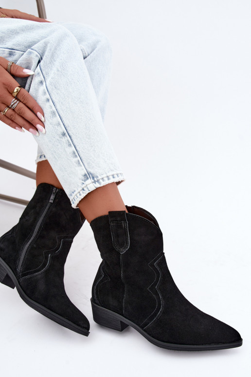 Schwarze Wildleder-Cowboy-Stiefel mit niedrigem Absatz Delsa