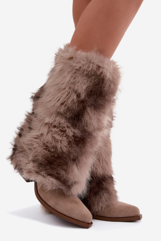 Sandfarbene warme Überknie-Stiefel mit Fell Saphielle