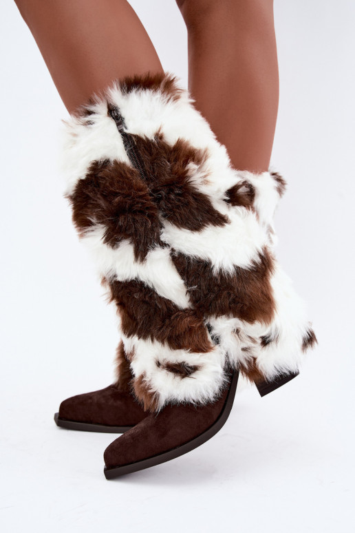 Braune warme Überknie-Stiefel mit Fell Saphielle