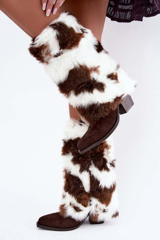 Braune warme Überknie-Stiefel mit Fell Saphielle