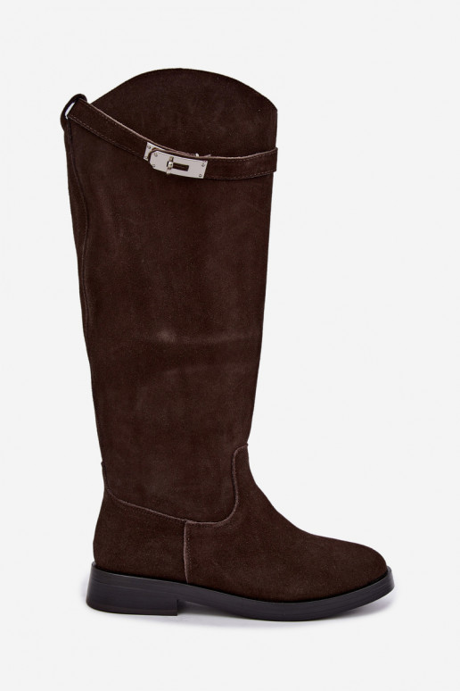 Schokoladenfarbene Wildleder-Überknie-Stiefel mit dekorativen Riemen Clarimond