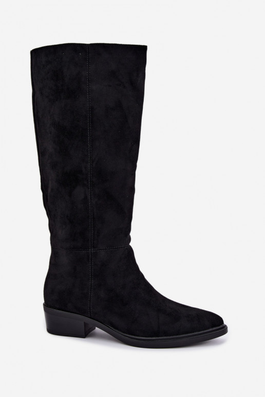 Schwarze warme Wildleder-Überknie-Stiefel mit niedrigem Absatz Philomene