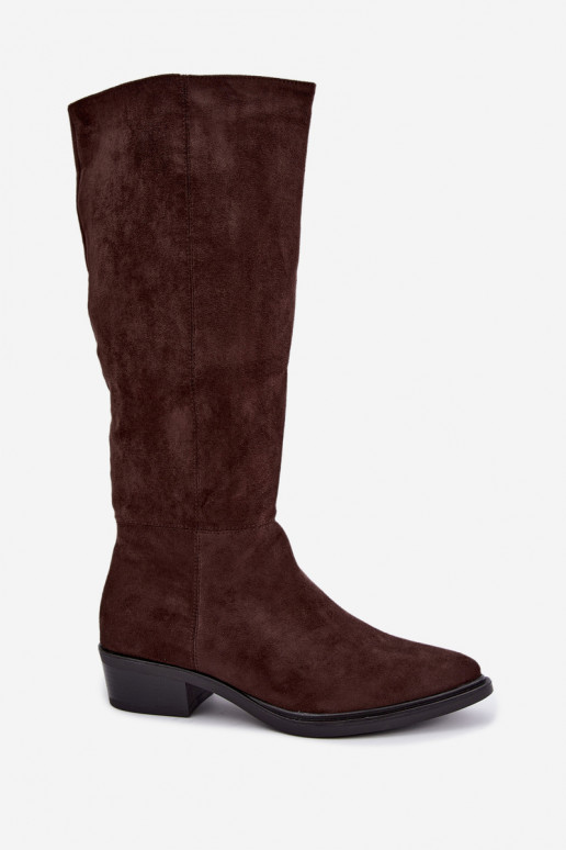 Schokoladenfarbene warme Wildleder-Überknie-Stiefel mit niedrigem Absatz Philomene