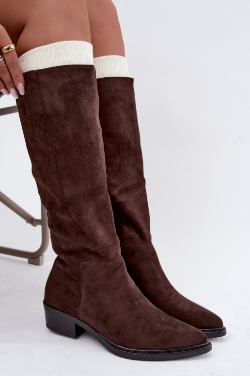 Schokoladenfarbene warme Wildleder-Überknie-Stiefel mit niedrigem Absatz Philomene