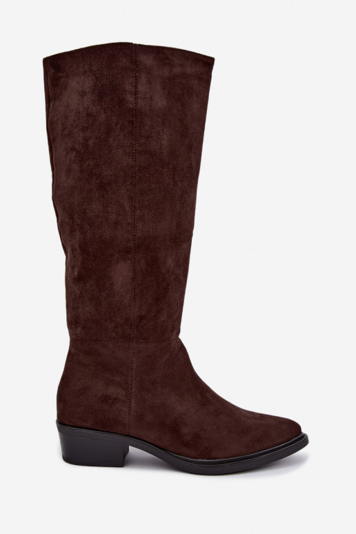 Schokoladenfarbene warme Wildleder-Überknie-Stiefel mit niedrigem Absatz Philomene
