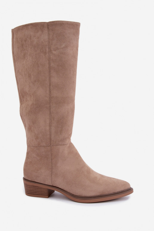 Sandfarbene warme Wildleder-Überknie-Stiefel mit niedrigem Absatz Philomene