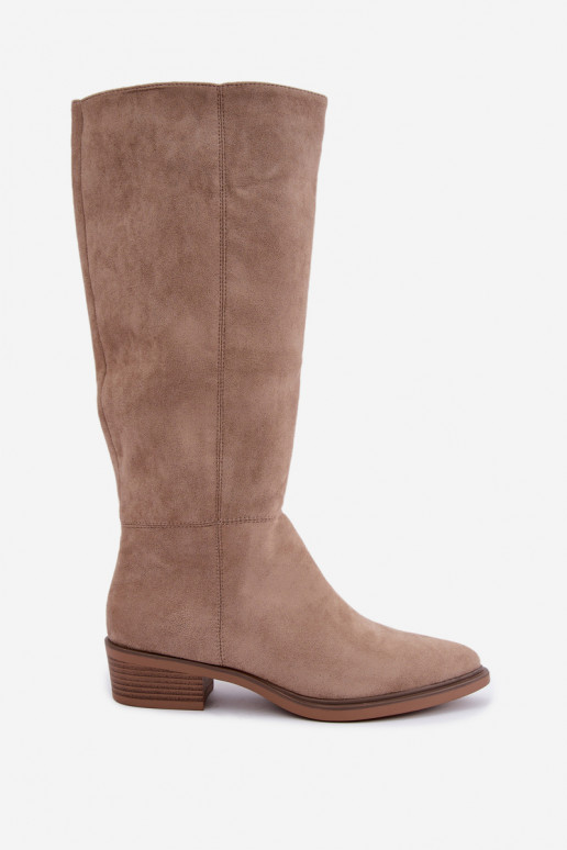 Sandfarbene warme Wildleder-Überknie-Stiefel mit niedrigem Absatz Philomene