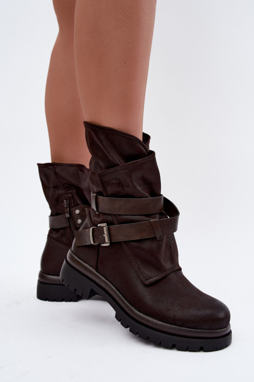 Schokoladenfarbene Damen-Stiefeletten mit Riemen und Schnallen Dianelle