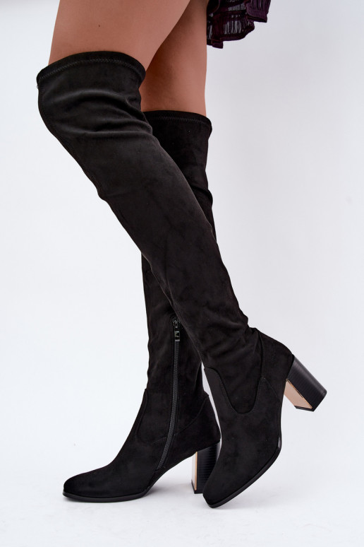 Schwarze Wildleder-Überknie-Stiefel mit Absatz Primelle