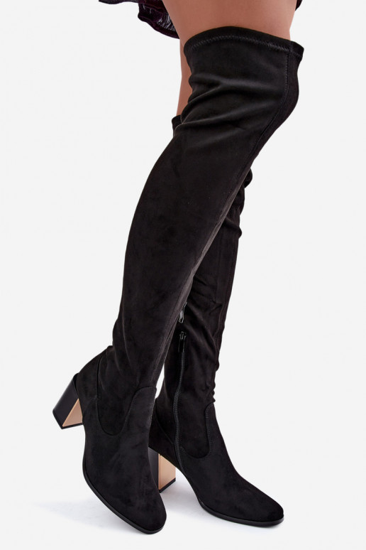 Schwarze Wildleder-Überknie-Stiefel mit Absatz Primelle