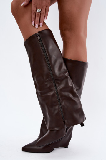 Fleecegefütterte kniehohe Stiefel mit dünnen Absätzen und einem korallenfarbenen Schaft 2