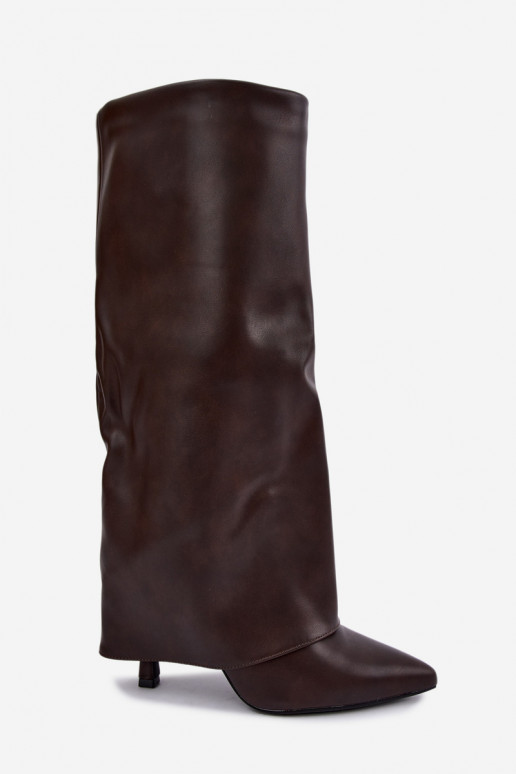 Fleecegefütterte kniehohe Stiefel mit dünnen Absätzen und einem korallenfarbenen Schaft