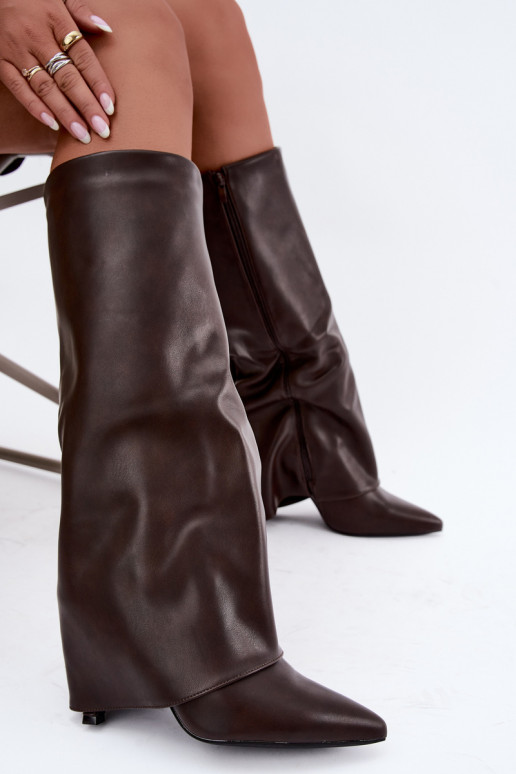 Fleecegefütterte kniehohe Stiefel mit dünnen Absätzen und einem korallenfarbenen Schaft