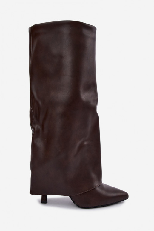 Fleecegefütterte kniehohe Stiefel mit dünnen Absätzen und einem korallenfarbenen Schaft