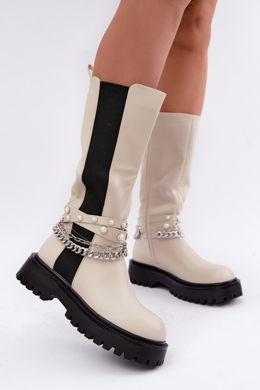 gefütterte kniehohe Stiefel mit Plateau und Ketten in sandfarben Doremi