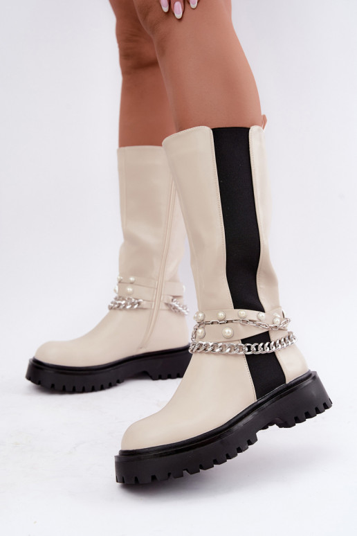 gefütterte kniehohe Stiefel mit Plateau und Ketten in sandfarben Doremi