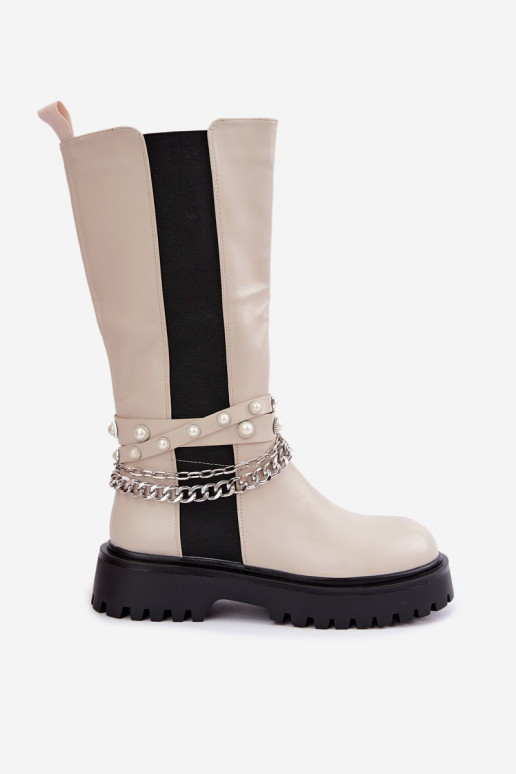 gefütterte kniehohe Stiefel mit Plateau und Ketten in sandfarben Doremi