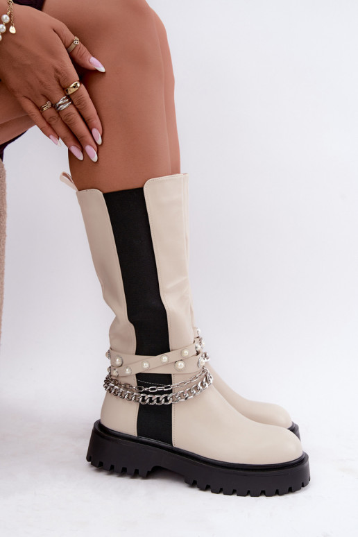 gefütterte kniehohe Stiefel mit Plateau und Ketten in sandfarben Doremi