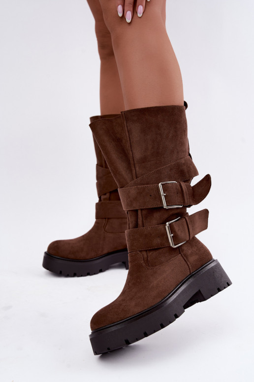 gefütterte kniehohe Stiefel mit Plateau und Schnallen in braun Palomae