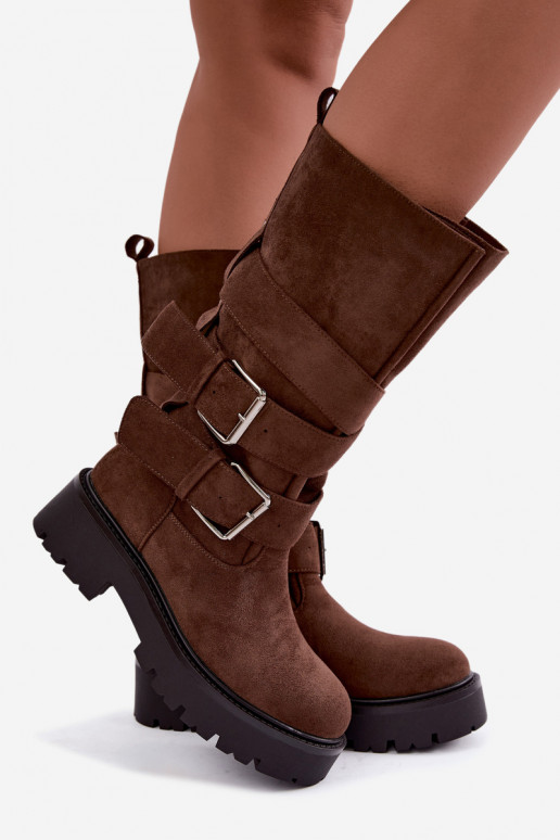 gefütterte kniehohe Stiefel mit Plateau und Schnallen in braun Palomae