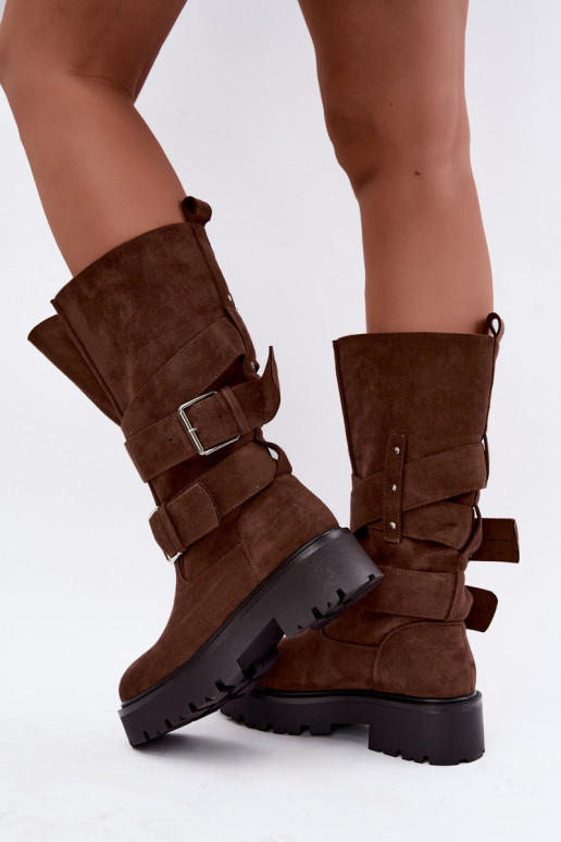 gefütterte kniehohe Stiefel mit Plateau und Schnallen in braun Palomae