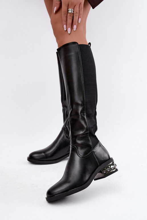gefütterte kniehohe Stiefel mit Absätzen und schönen Details in schwarz Emani