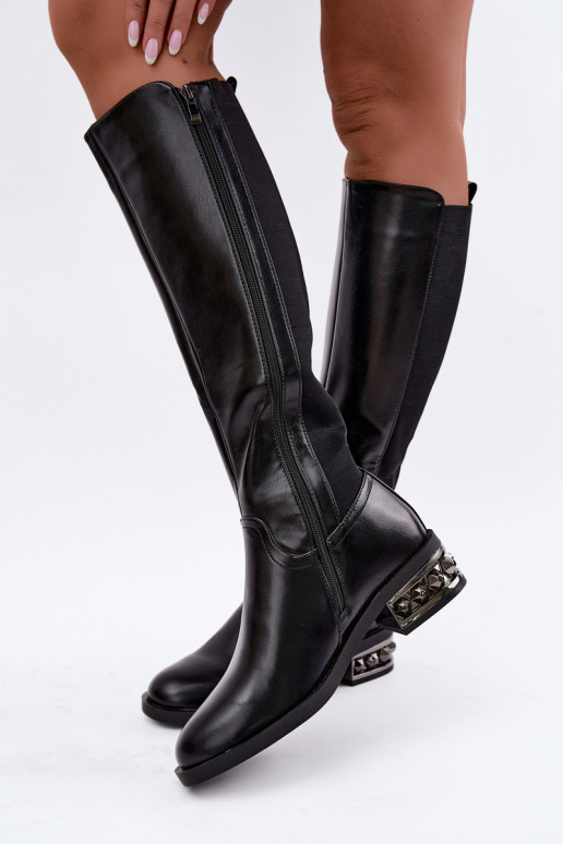gefütterte kniehohe Stiefel mit Absätzen und schönen Details in schwarz Emani