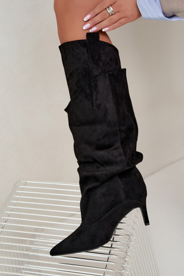 gefütterte kniehohe Stiefel mit Rüschen und dünnen Absätzen in schwarz Auretta 2
