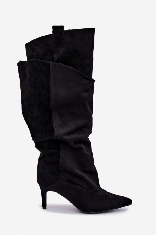 gefütterte kniehohe Stiefel mit Rüschen und dünnen Absätzen in schwarz Auretta