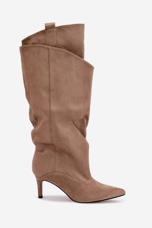 gefütterte kniehohe Stiefel mit Rüschen und dünnen Absätzen in sandfarben Auretta