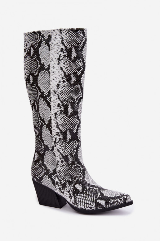 gefütterte kniehohe Stiefel im Cowboy-Stil mit Schlangenmustern in schwarz Bellina