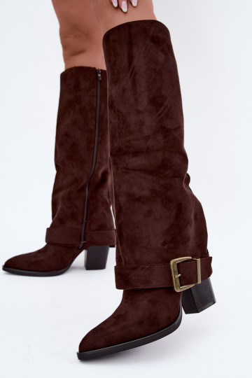lange Stiefel mit Absätzen und Schnallen in braun Mirea
