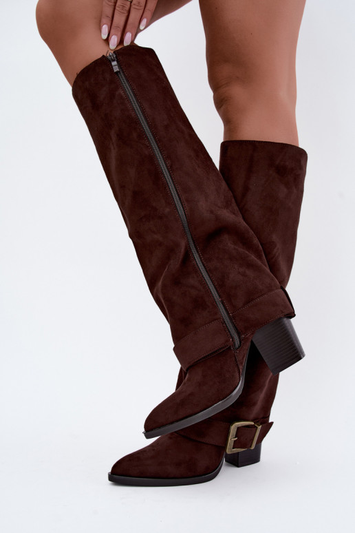 lange Stiefel mit Absätzen und Schnallen in braun Mirea