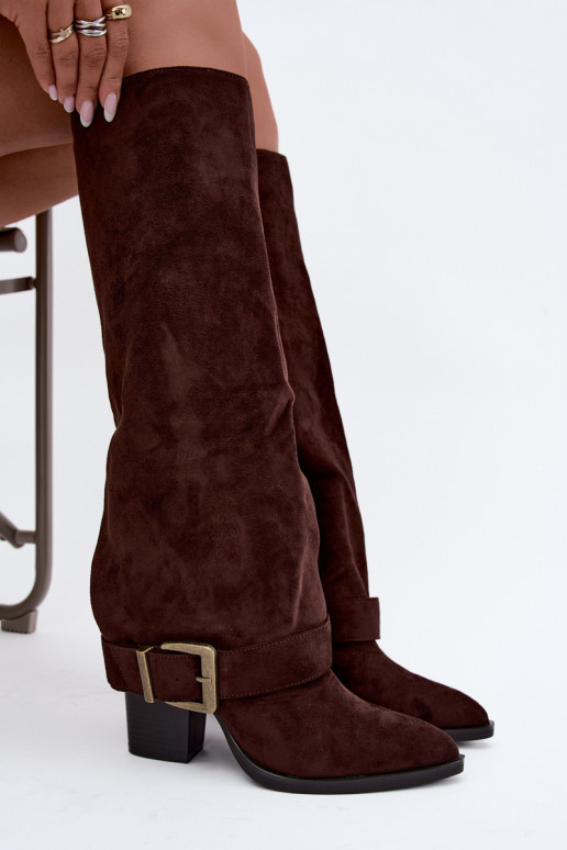 lange Stiefel mit Absätzen und Schnallen in braun Mirea