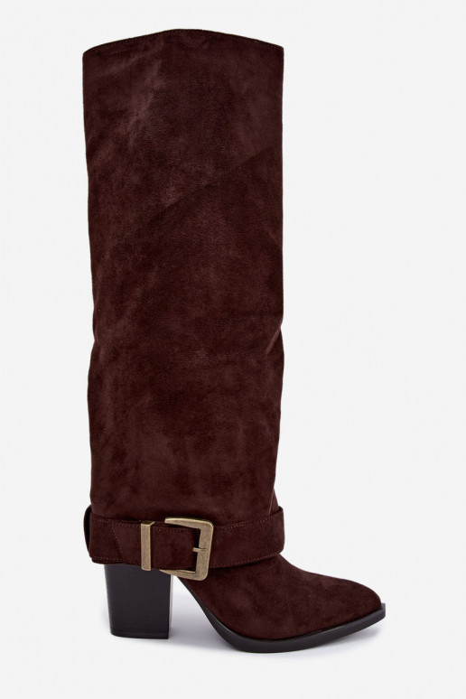 lange Stiefel mit Absätzen und Schnallen in braun Mirea