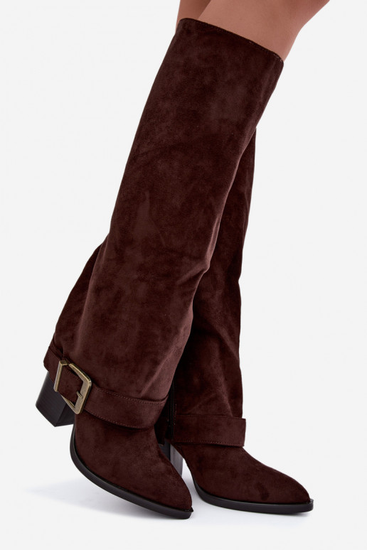 lange Stiefel mit Absätzen und Schnallen in braun Mirea