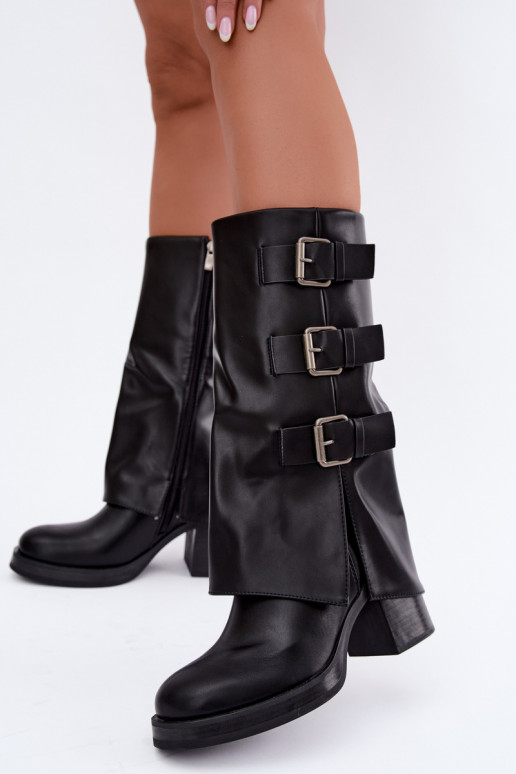 Warme schwarze lange Stiefel mit Schnallen Astrella