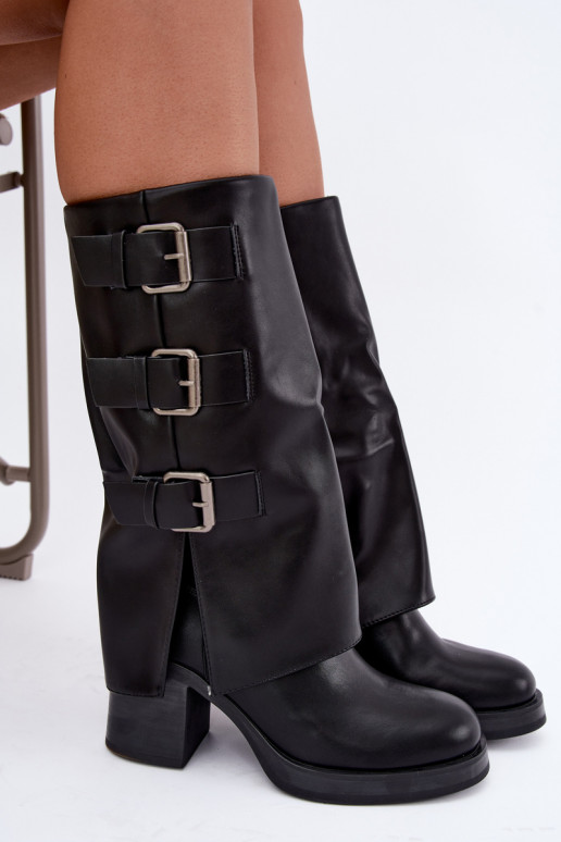 Warme schwarze lange Stiefel mit Schnallen Astrella