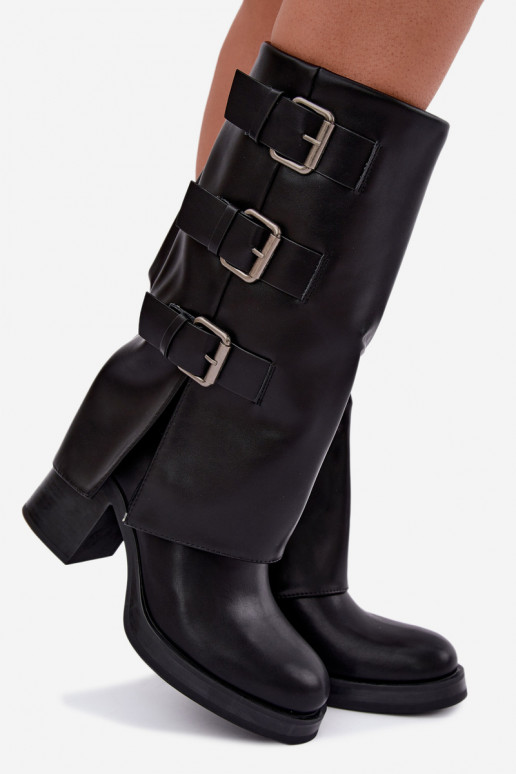 Warme schwarze lange Stiefel mit Schnallen Astrella