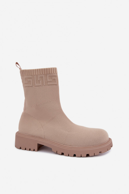 Sandfarbene Stiefel im Sockendesign mit breiten Absätzen Isaline