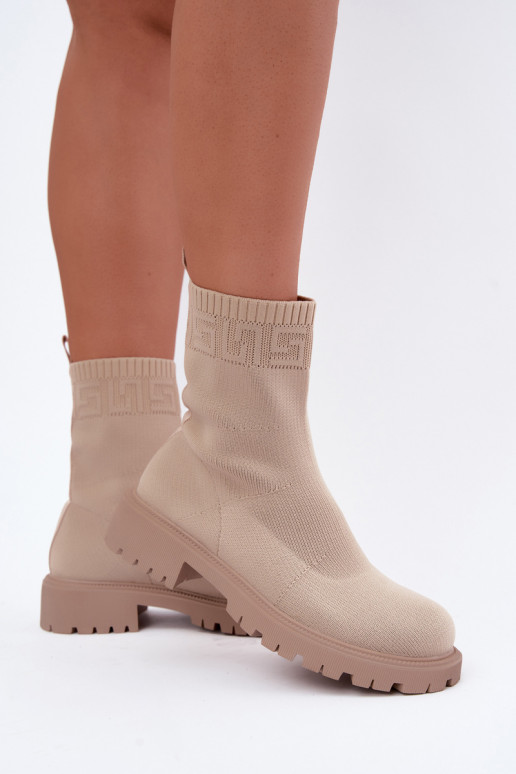 Sandfarbene Stiefel im Sockendesign mit breiten Absätzen Isaline