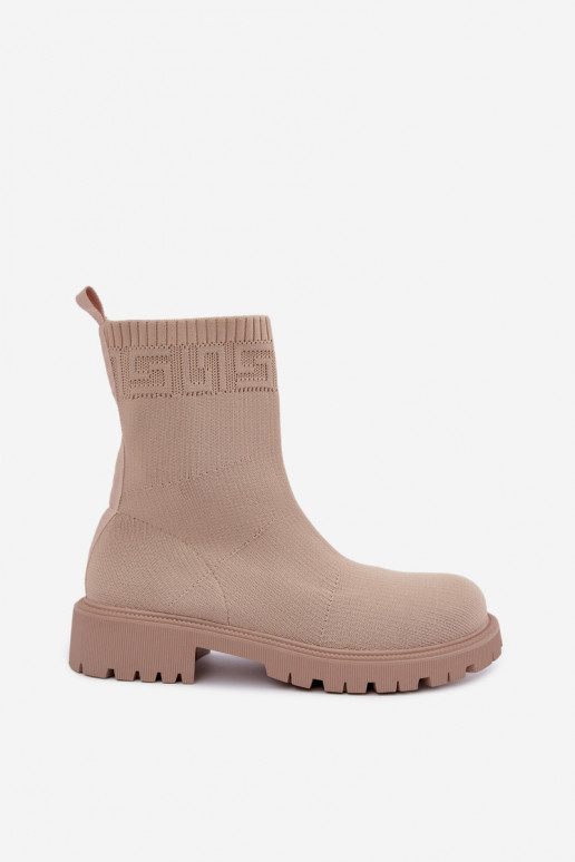 Sandfarbene Stiefel im Sockendesign mit breiten Absätzen Isaline