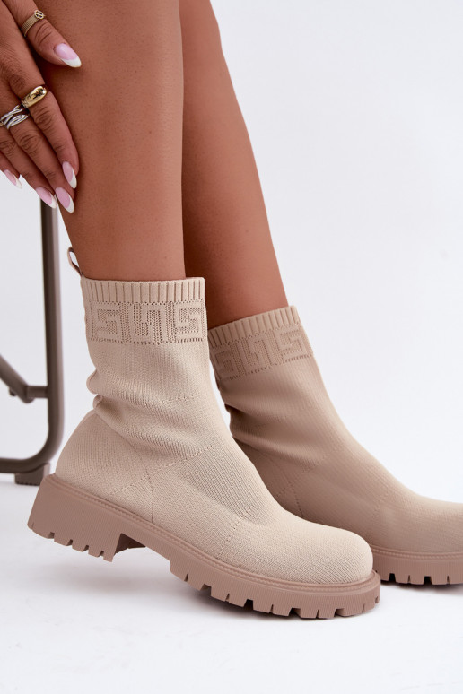 Sandfarbene Stiefel im Sockendesign mit breiten Absätzen Isaline