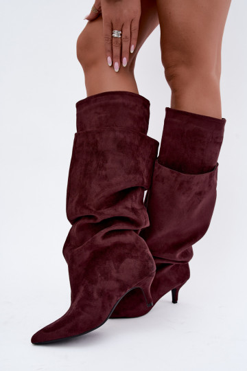 Orielle warme lange Stiefel mit Rüschen und Absätzen in Bordeauxfarbe