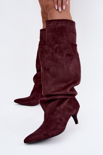 Orielle warme lange Stiefel mit Rüschen und Absätzen in Bordeauxfarbe 2