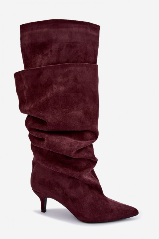 Orielle warme lange Stiefel mit Rüschen und Absätzen in Bordeauxfarbe