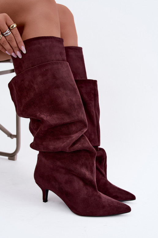 Orielle warme lange Stiefel mit Rüschen und Absätzen in Bordeauxfarbe