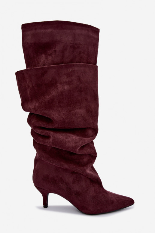 Orielle warme lange Stiefel mit Rüschen und Absätzen in Bordeauxfarbe