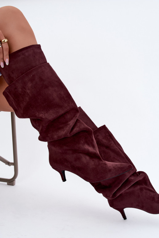 Orielle warme lange Stiefel mit Rüschen und Absätzen in Bordeauxfarbe