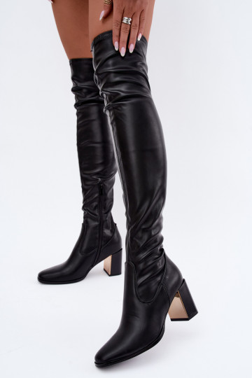 Schwarze Überknie-Stiefel mit Absatz Primelle